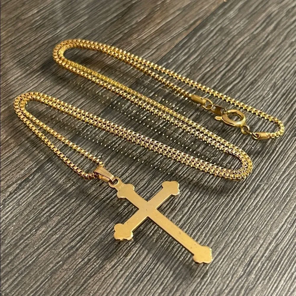 Vintage Gold-tone Cross Pendant on a Square Box Link Style Chain 20.25” approx
